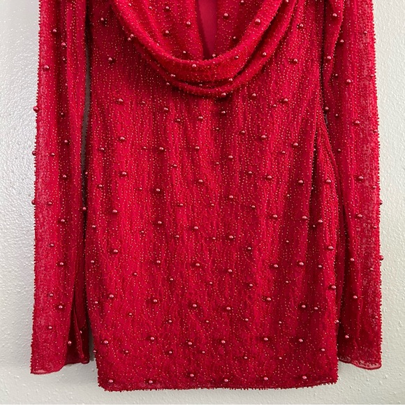 Oh Polly Deep Plunge Fully Beaded Red Long Sleeve Cowl Neck Mini Dress 8 Holiday - Picture 4 of 13